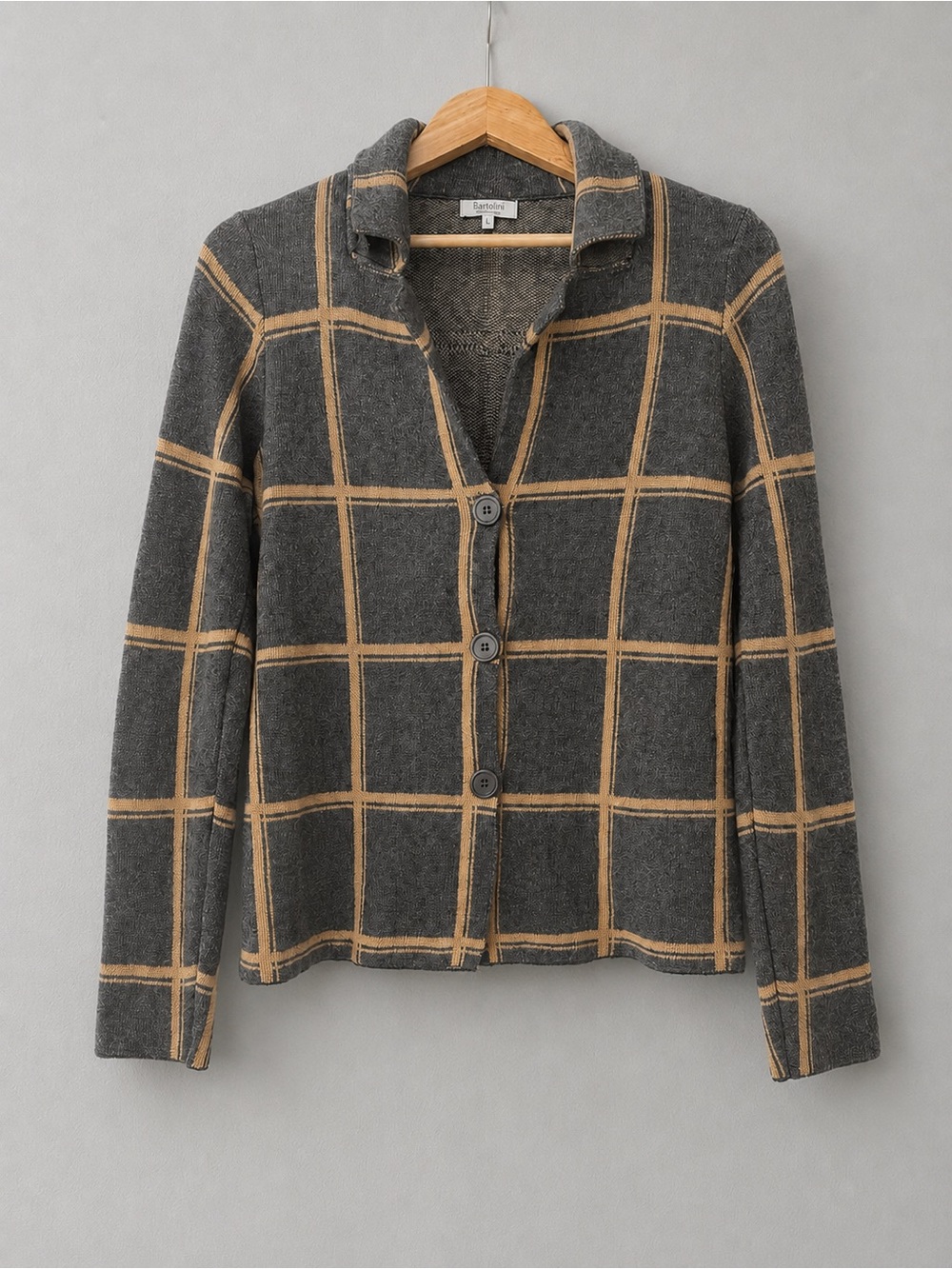 Bartolini Cardigan Sweater Large Gray Tan Windowpane Button Front Soft Knit